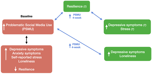 Figure 4 Significant principal findings of the current study at baseline and over the 4-week period. (T) indicates results that are trending towards significance.