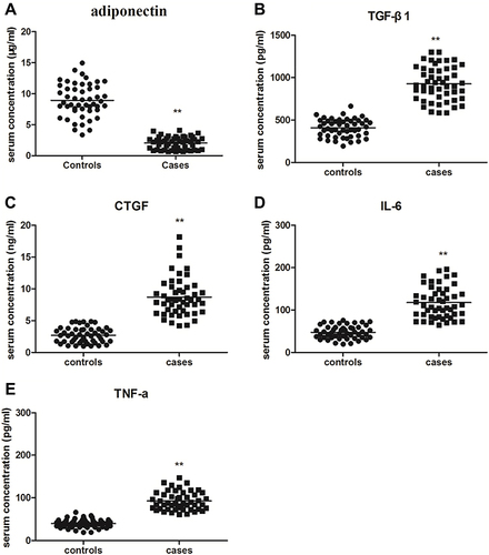 Figure 1 The serum concentrations of adiponectin (A), TGF-β1 (B), CTGF (C), IL-6 (D) and TNF-α (E) in normal controls and tissues from keloid were detected by ELISA. Data represent three independent experiments. **P<0.01 compared with the control group.