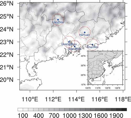 Figure 1. The topography (gray shaded region) of Guangdong and the S band polarimetric radar location (blue dot). The red dotted circles represent the radar observation ranges of 50 km.