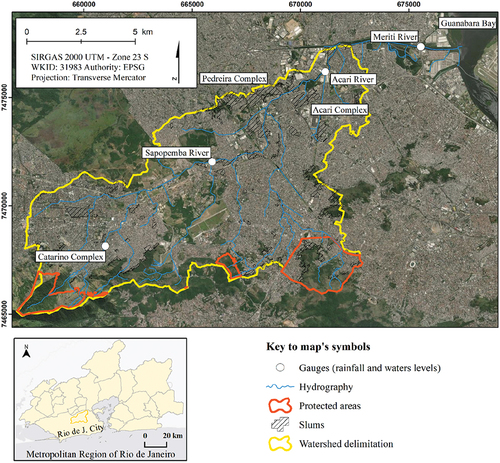 Figure 1. Location of the Acari River Basin, along with slums, protected areas and main watercourses of the region.