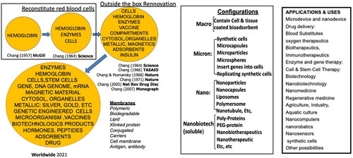 Figure 1. The evolution of the idea of artificial cells with extensive variations of contents, membrane material, dimensions (left) and configurations (centre) often with new terminology for each configuration. Right: mainly shows medical applications. (From Chang [Citation2] with written copyright permission to reproduce this figure from the publisher Taylor and Francis.)