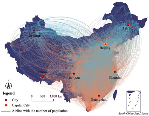Figure 13. Study area and flow data visualization during one day (each flow unit contains origin city, destination city, and passenger count).