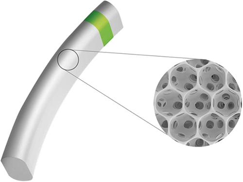 Figure 2 MINIject device made of STAR material that is composed of an organised network of hollow spheres, creating a porous geometry. © iSTAR Medical.