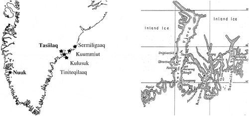 Figure 1. Locations in East Greenland of the Høygaard Study 1936–1937