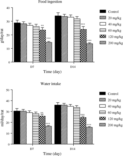 Figure 6. Food ingestion (g/day/rat) and water intake (ml/day/rat) of control and NQX-injected rats during 14 days.