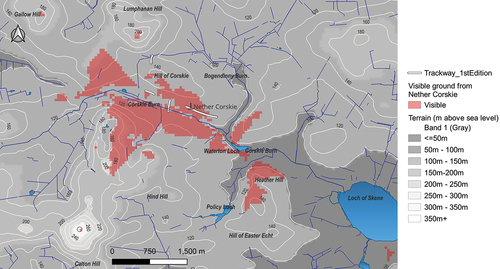 Figure 6. Landscape setting of Nether Corskie including track visible in 1869 map and viewshed model suggesting views from Nether Corskie. Contains public sector information licenced under the Open Government Licence v3.0. Viewshed produced in QGIS 3.26. Includes data from Ordnance Survey Citation2010a and Citation2010b.