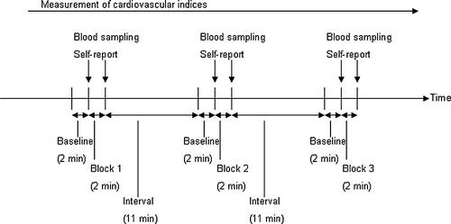 Figure 2  Experimental procedure. Participants conducted the mental arithmetic task and their PET images were acquired during each block of 2 min. Blood samples and self-report data were taken before and after each block. Cardiovascular parameters (HR and blood pressures) were measured continuously.