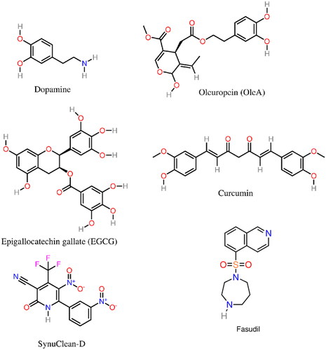 Figure 5. Molecular structure of several α-syn aggregation-inhibitors: dopamine, OleA, EGCG, Curcumin, SynuClean-D, and Fasudil.