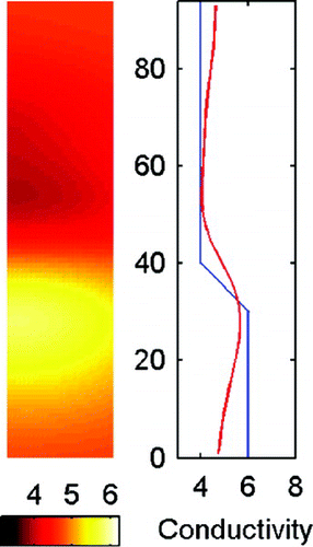 Figure 12. Estimated conductivity using 2D model with opposite current patterns. The correlation length was β=(30,15).