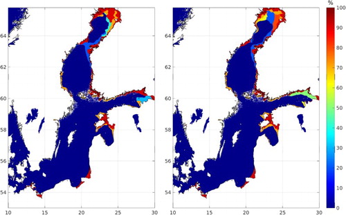 Figure 4.5.4. Sea-ice concentration (%) before and after the storm event in 12–14 January 2016. Left: 14GMT in 12 January 2016; Right: 14GMT in 14 January 2016 (data sources: product reference 4.5.3).