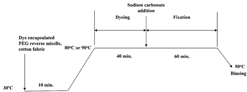 Figure 4. Workflow for preparation of hot type PEG-based reverse micellar dyeing of cotton fabric in octane media (no sodium chloride).