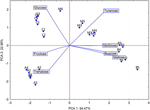 Figure 1. Principal component analysis (PCA) diagram illustrating the differences in the representation of sugars between the analyzed honeys; PCA score plot of blong song (A1-A6), bidens (B1-B6), coffee (C1-C6), and mint (M1-M6) honey; 7 variables (line vector).