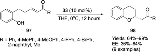 Figure 33 Application of Cinchona alkaloid-based urea catalyst in oxy-Michael addition.