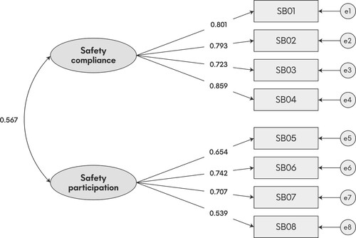 Figure 2. Correlated two first-order factor CFA representation of the SBS as estimated for the overall sample (N = 398). Note: CFA = confirmatory factor analysis; SBS = safety behavior scale.