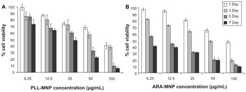 Figure 5 Cell viability of SH-SY5Y cells from trypan blue staining, for increasing MNP concentration and incubation time using PLL-MNPs (A) and ARA-MNPs (B).Abbreviations: ARA-MNPs, commercial fluidMAG-ARA magnetic nanoparticles; PLL-MNPs, poly-l-lysine-magnetic nanoparticles.