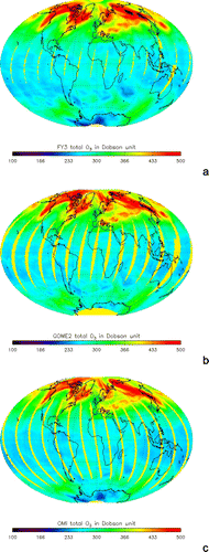 Figure 3.  Global total column ozone distribution monitored by TOU/FY-3A (a), GOME 2/Metop (b), and OMI/Aura (c) (Courtesy of Wang Weihe, NSMC).