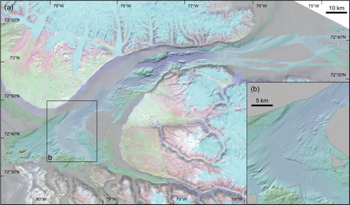 Figure 7. Eclipse Sound at the north coast of Baffin Island (see Figure 1 for location) – a deep sound that forms at a junction of numerous fjords. (a) a DEM-derived image draped with the Landsat Image Mosaic of Canada complemented by high-resolution swath bathymetry data that display well-developed mega-scale glacial lineations on the floor of the sound. See panel (b) for a detail of the onset zone of the streamlined terrain.