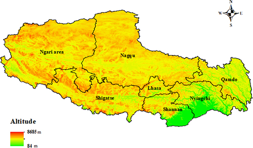 Figure 1 Tibet map with elevation. It was created in ArcGIS (Esri, California, USA). Data on elevation were obtained from https://www.gscloud.cn/.
