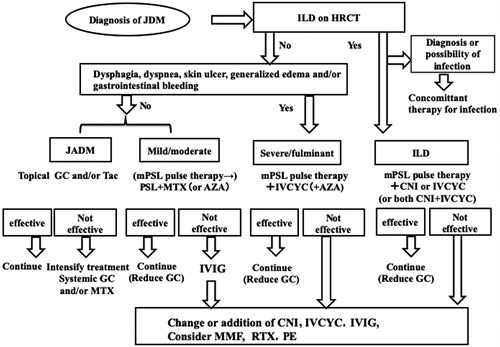 Figure 1. Algorithm of treatment for JDM. ADM: amyopathic dermatomyositis; AZA: azathioprine; CNI: calcineurin inhibitor; GC: glucocorticoid; HRCT: high-resolution computed tomography; ILD: interstitial lung disease; IVCYC: intravenous cyclophosphamide; IVIG: intravenous immunoglobulin; MMF: mycophenolate mofetil; mPSL: methylprednisolone; PE: plasma exchange; RTX: rituximab.