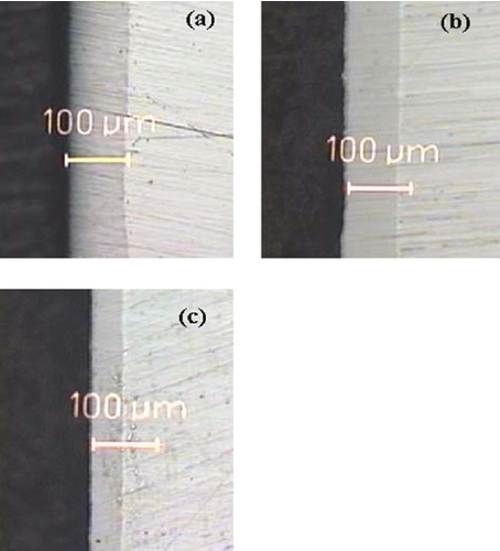 Figure 4 Optical micrograph of case depths of (a) S1, (b) S2 and (c) S3 after plasma nitriding.