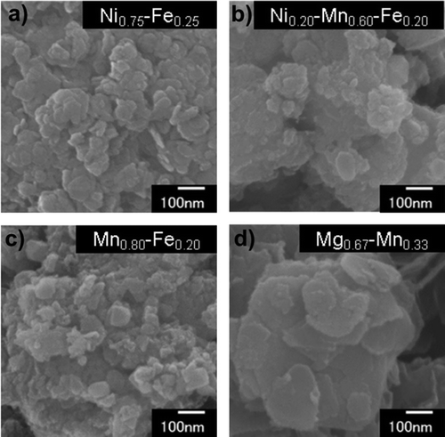 Figure 2. SEM images of (a) Ni0.75–Fe0.25 LDH, (b) Ni0.20–Mn0.60–Fe0.20 LDH, (c) Mn0.80–Fe0.20 LDH, and (d) Mg0.67–Mn0.33 LDH.