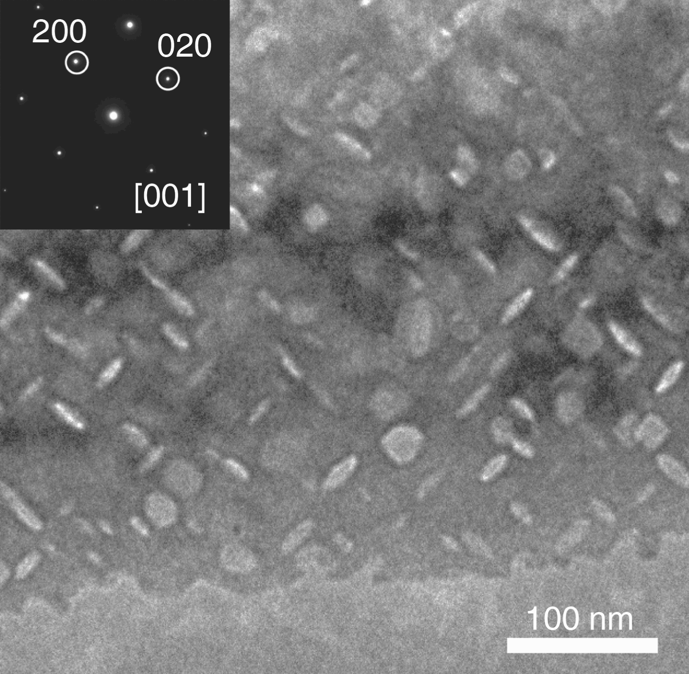 Figure 3. Bright-field TEM image of alloy 725 etched in an acidic solution showing selective etching of γ″/γ′ precipitates. Inset: corresponding SAED shows only γ reflections.