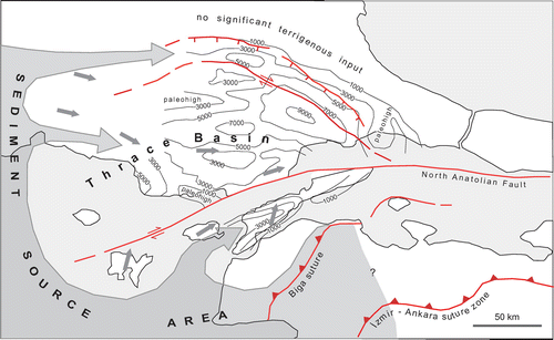 Figure 6. Schematic reconstruction of Middle Eocene–Early Oligocene provenance and overall sediment dispersal pathways in the Thrace Basin. Small arrows show mean azimuth paleoflow directions. Plio-Quaternary dextral offset of about 70 km along the North Anatolian Fault was restored. Red lines are normal (ticks on downthrown side) and strike-slip faults. Depth-to-basement contour lines (in meters) from Siyako (Citation2006).