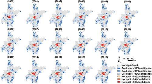 Figure 6. Spatial distributions of PM2.5 exposure hotspots in Wuhan from 2000 to 2016.