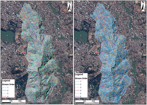 Figure 10. Analamanga hill hydrographic map by using the 2 m resolution DEM (on the left) and the LiDAR (on the right). Source: Author