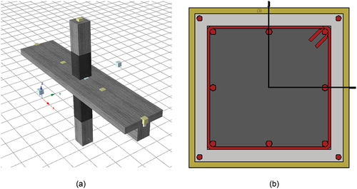 Figure 5. (a) Model of the retrofitted joint; (b) section detail for FRP retrofitted RC columns.