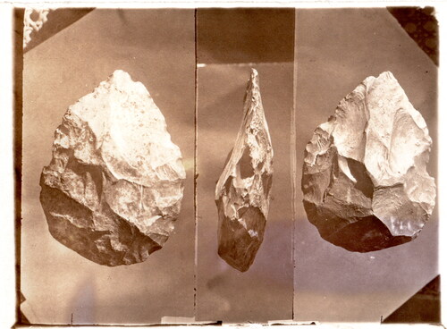 Figure 1. Thomas Arthur Bennett, Photographs of a palaeolith arranged as in an archaeological drawing, c.1923, The prints have been cut, spliced and rephotographed at reduced scale, they are indented where a pencil has traced the outline of the flint (Bowes scrapbook 1 p.123, digital scan by Pete Knowles, HBHRS archive).