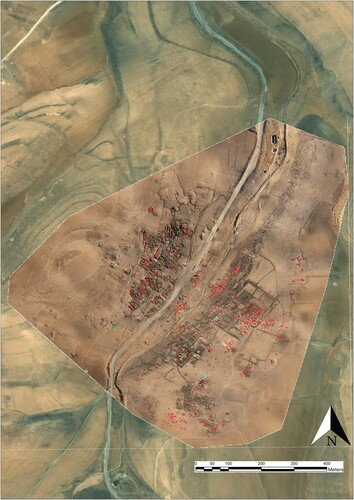 Figure 9. A plan of the pits excavated between January 2017 and February 2018 (marked in blue; red indicates all the pits documented). Based on analysis of satellite imagery available on Google Earth.
