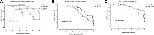 Figure 2 Survival analysis regarding MACE at 5 years of follow-up according to (A) Types of LAAO devices, (B) gender, and (C) age.