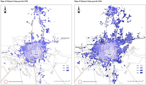 Figure 3. Shows the rapid urban expansion of Tehran from 1950 to 1960. Source: Drawn by author, compiled from: Tehran urban growth map in 1970, published in Cultural Atlas of Tehran (see bibliography).