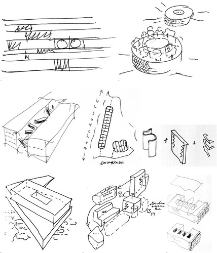 Figure 3. Preliminary sketches of Bernard Tschumi that show how he tries to capture the design strategy through the ‘concept-form’. Credits: Bernard Tschumi Architects.