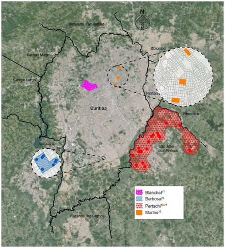 Figure 2 Spatial distribution of the mobile transect measurements over the background of satellite imagery (Google Earth) and street-layout maps from IPPUC.Citation52
