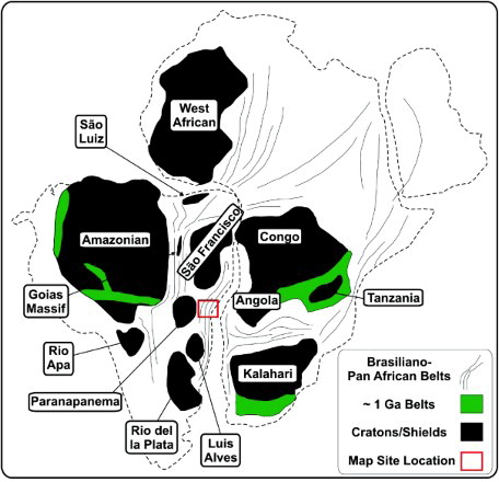 Figure 1. Modern view of western Gondwana during the middle Palaeozoic with fragments of cratonic shields representing pre-existing continental blocks, between orogenic belts assemblages generated during the Pan-African/Brazilian cycle (modified by De Wit et al., Citation2008).