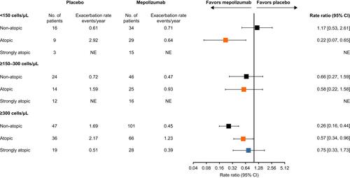 Figure 1 Rate ratios for clinically significant exacerbations by atopy/baseline blood eosinophil count status. Atopy was defined according to sensitization to any one of the following allergens: A. alternata, cockroach, HDM, cat dander and dog dander. Non-atopic: class 0 (IgE <0.35 kU/L); atopic: classes 1, 2 and 3 (IgE ≥0.35–17.5 kU/L); strongly atopic: classes 4, 5 and 6 (IgE >17.5 kU/L).