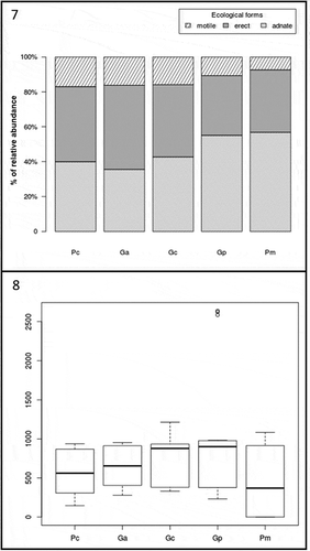 Figs 7‒8. Fig. 7. Percentage contribution of abundances for each diatom form (i.e. motile, erect, adnate) in the different host species (i.e. Pc = Pterocladiella capillacea, Ga = Gelidium arbuscula, Gc = G. canariense, Gp = G. pusillum, Pm = P. melanoidea). Fig. 8. Boxplot showing the difference of the total diatom abundance in the different host species (i.e. Pc = Pterocladiella capillacea, Ga = Gelidium arbuscula, Gc = G. canariense, Gp = G. pusillum, Pm = P. melanoidea)
