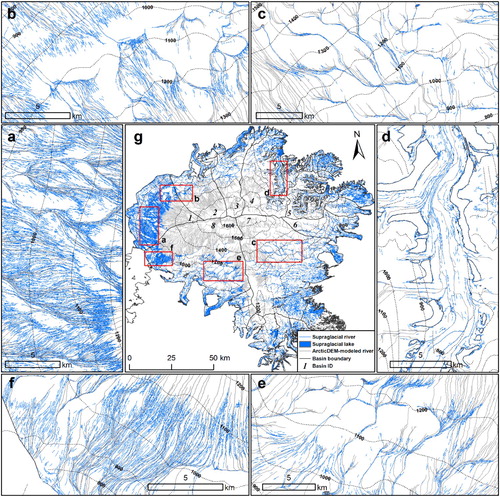 Figure 4. Supraglacial river networks across the entire Devon Ice Cap mapped from 2 m ArcticDEM and six 10 m Sentinel-2 images (acquired on 28 July 2016), for everywhere except the bottom right (southeastern DIC) due to the lack of Sentinel-2 images coverage. (a–f) show examples of supraglacial river networks in different DIC basins (red rectangles in center panel (g)).