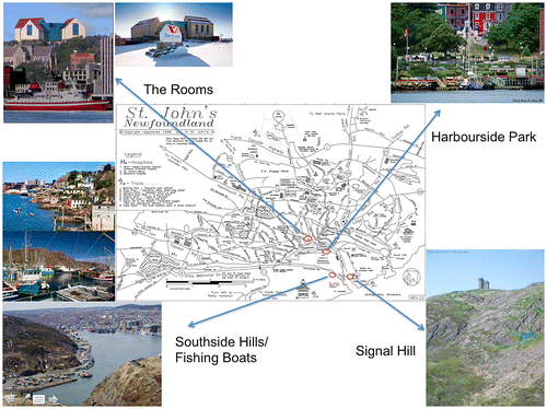 Figure 1. Listening and recording locations during 2012 fieldwork (map provided by Newfoundland and Labrador Tourism with additional artwork and photos by the author).
