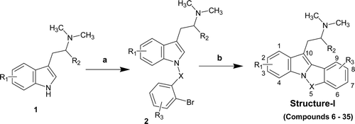 Scheme 1.  Reagents and conditions: (a) base, DMF at 10°C, followed by Ar-X-Cl, 3–4 h, (b) tetrakis triphenylphosphine palladium (Pd(P(Ph)3)4), CH3COOK, DMA, 120–130°C, 3–4 h.