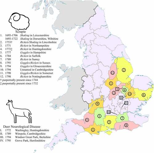 Figure 2. First known presence of scrapie and deer rabies outbreaks in English counties prior to 1800.