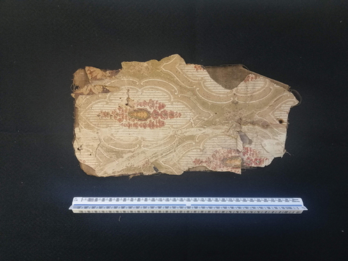 Figure 11. Wallpaper fragment from a house on Maitland Street, Dunedin, constructed in 1859/60. The fragment is dated between 1861 and 1875. Source: Jeremy Moyle, origin consultants, 2020. Source: Jeremy Moyle, Origin Consultants, 2020.