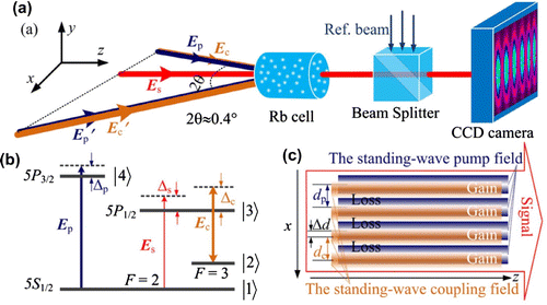 Figure 21. Four-level N-type atomic vapor for realizing symmetry. (a) Experimental setup. and are pump beams from the same laser, and so are the coupling beams and . The reference beam intersects with to generate the reference interference. (b) The energy-level diagram of the four-level N-type configuration in Rb atomic vapor. (c) The spatial arrangements of the signal field, coupling-field lattice and pump-field lattice. x and z represent the transverse and longitudinal directions of beam propagation, respectively. marks the displacement between the two lattices. Source: Adapted from Ref. [Citation38].