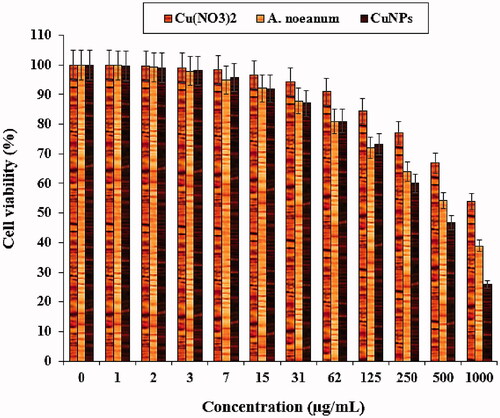 Figure 11. The anti-human endometrial cancer properties of Cu(NO3)2, A. noeanum leaf aqueous extract, and CuNPs against the KLE cell line.