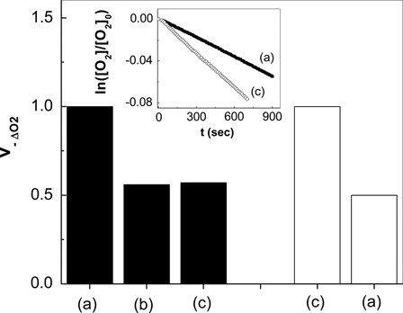 Figure 3. Relative rates of oxygen uptake, upon perinaphtenone-sensitized photoirradiation by (A) phenol; (B) cephalexin and (C) amoxicillin; filled bars pH 7.4; empty bars pH 10. The respective higher rate values of oxygen uptake were arbitrarily normalized to one. Inset: First order plots for the photooxidation perinaphtenone-sensitized at pH 10 (A) phenol; (C) amoxicillin.