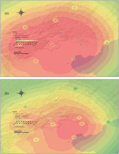 Figure 4. Deduced CG lightning stroke DE of the ADTD network around Beijing (a) not accounting for the land surface conductivity damping and (b) accounting for the land surface conductivity damping.