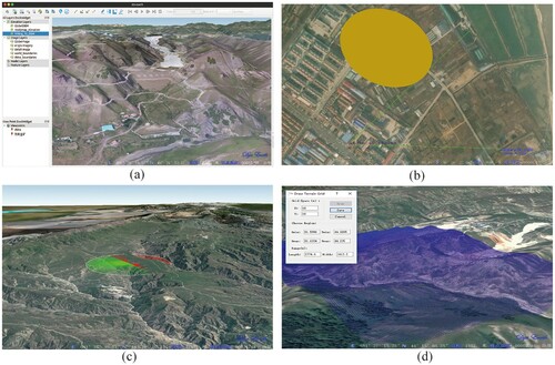 Figure 8. The main interface and some features of the prototype VGE: (a) main interface; (b) spatial annotation and measurement; (c) visibility analysis; and (d) terrain grid generation.
