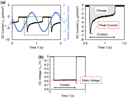 Figure 3. (a) Typical short circuit (SC) current wave profile. The sinusoidal shaker displacement is also included in the left panel to show the phase relationship between the current and the mechanical excitation. (b) Typical open circuit (OC) voltage wave profile.